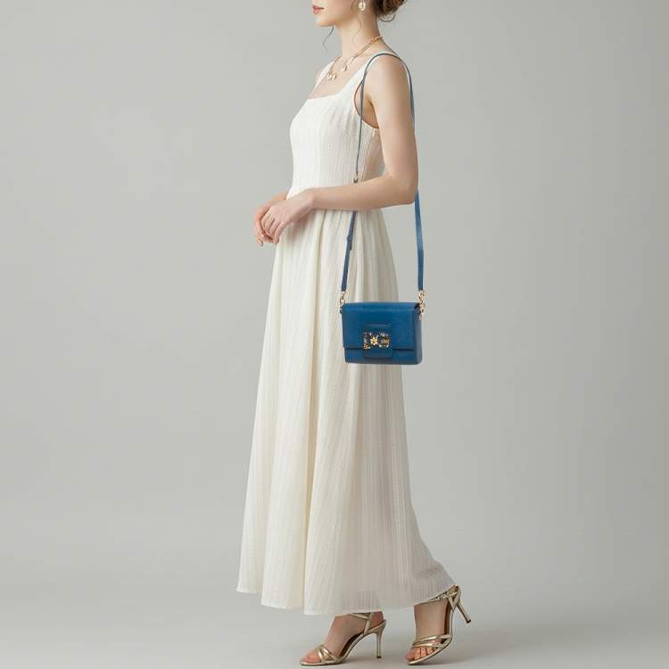 Pre Owned Dolce & Gabbana DG Millennials Crystals Mini Blue Lizard Embossed Leather Bag