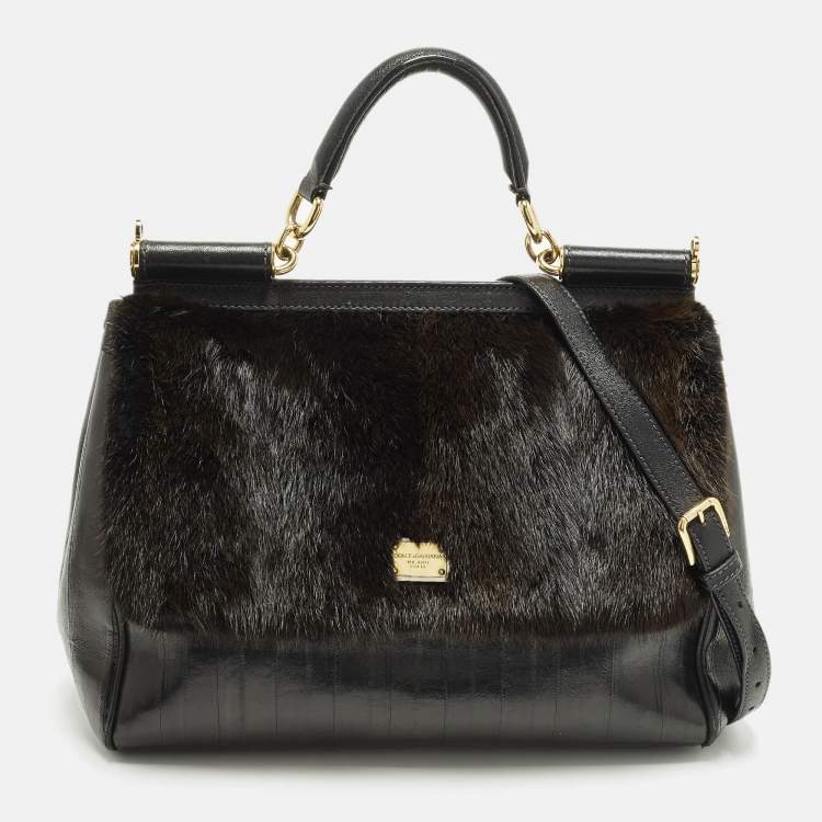 Pre Owned Dolce & Gabbana  Miss Sicily Large Black/Brown Eel Leather and Mink Fur Top Handle Bag