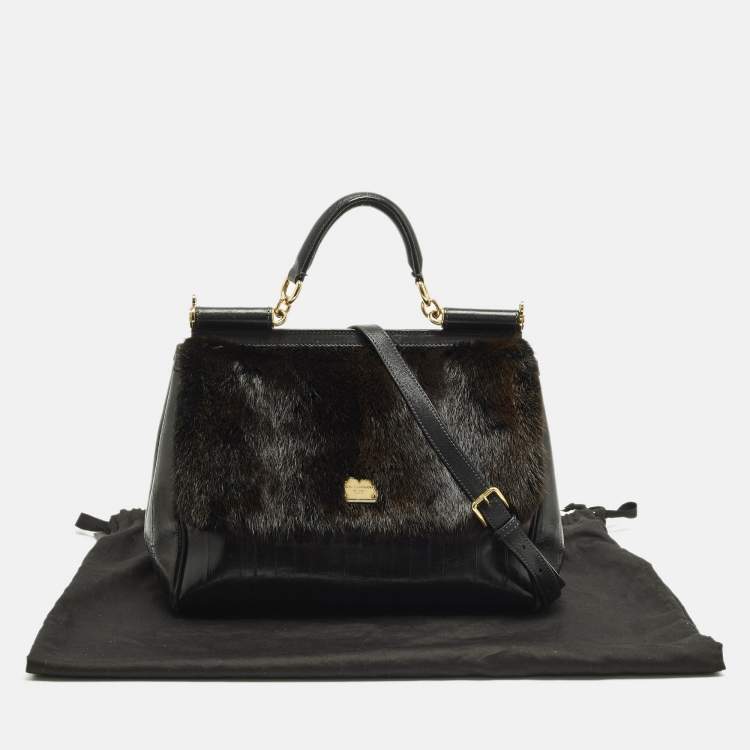 Pre Owned Dolce & Gabbana  Miss Sicily Large Black/Brown Eel Leather and Mink Fur Top Handle Bag