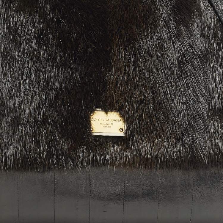 Pre Owned Dolce & Gabbana  Miss Sicily Large Black/Brown Eel Leather and Mink Fur Top Handle Bag