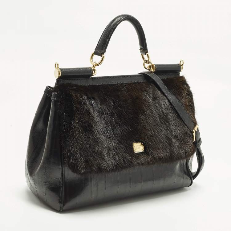 Pre Owned Dolce & Gabbana  Miss Sicily Large Black/Brown Eel Leather and Mink Fur Top Handle Bag