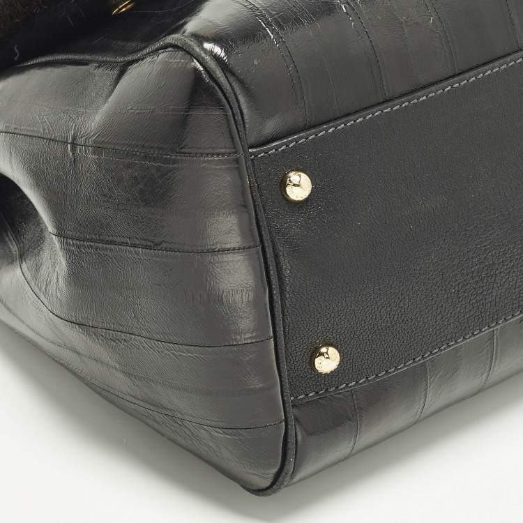 Pre Owned Dolce & Gabbana  Miss Sicily Large Black/Brown Eel Leather and Mink Fur Top Handle Bag