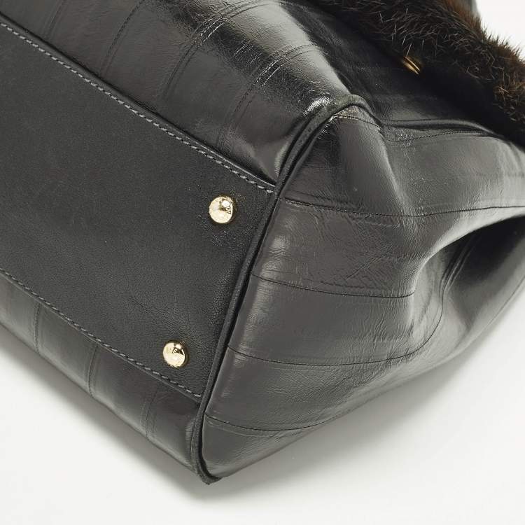 Pre Owned Dolce & Gabbana  Miss Sicily Large Black/Brown Eel Leather and Mink Fur Top Handle Bag