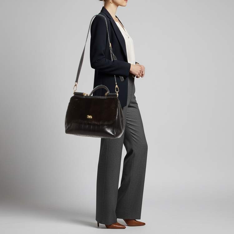 Pre Owned Dolce & Gabbana  Miss Sicily Large Black/Brown Eel Leather and Mink Fur Top Handle Bag