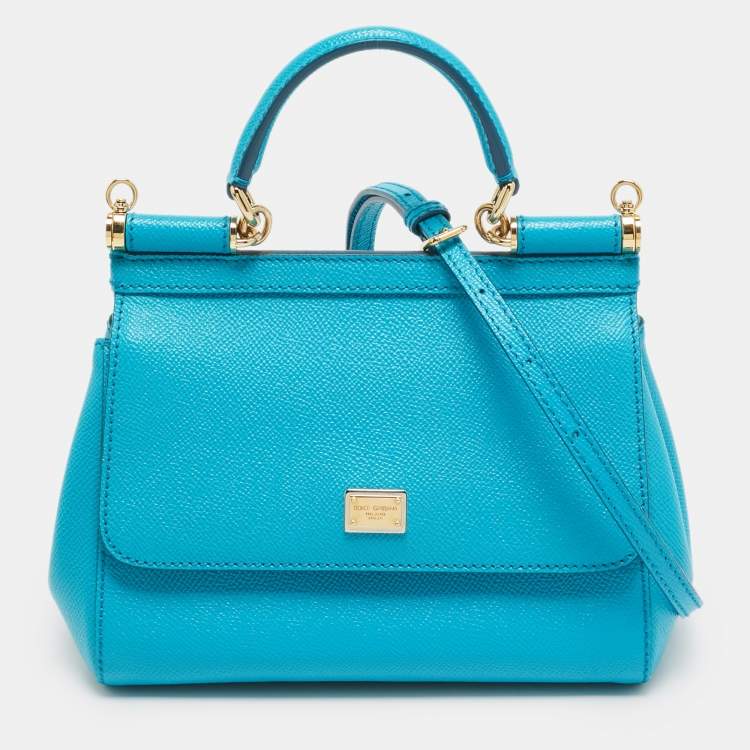 Pre Owned Dolce & Gabbana Miss Sicily Small Turquoise Blue Leather Top Handle Bag