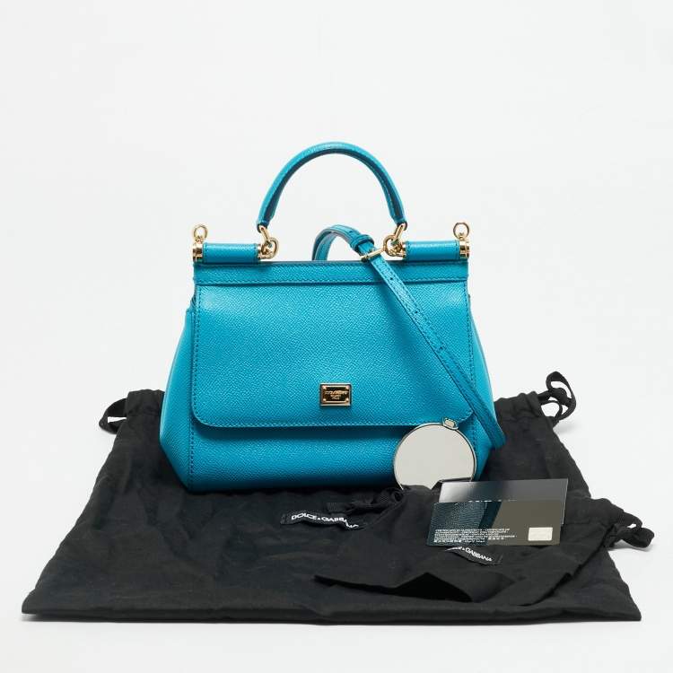 Pre Owned Dolce & Gabbana Miss Sicily Small Turquoise Blue Leather Top Handle Bag