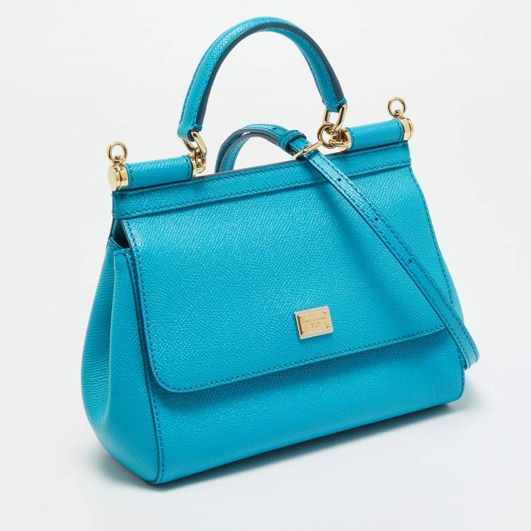 Pre Owned Dolce & Gabbana Miss Sicily Small Turquoise Blue Leather Top Handle Bag