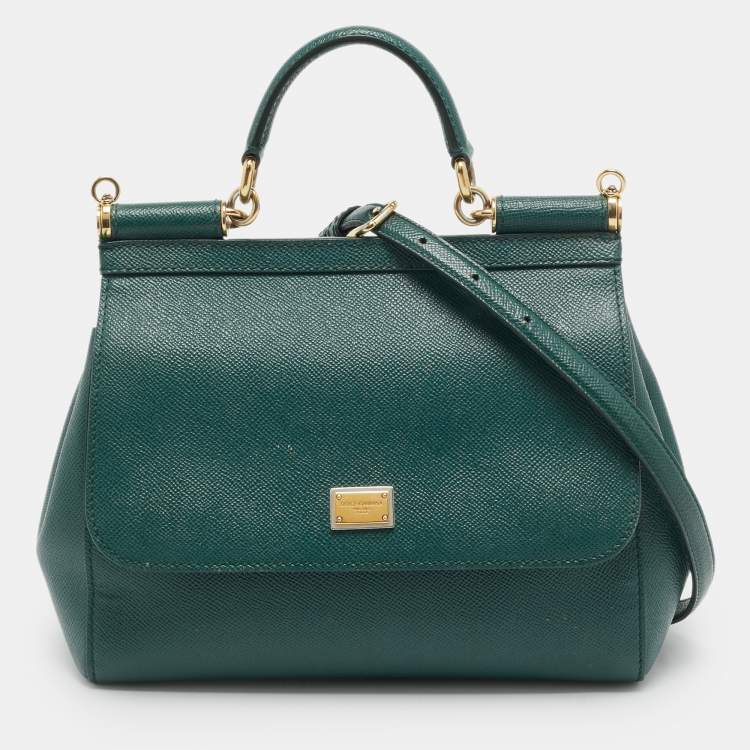 Pre Owned Dolce & Gabbana Miss Sicily Medium Green Leather Top Handle Bag