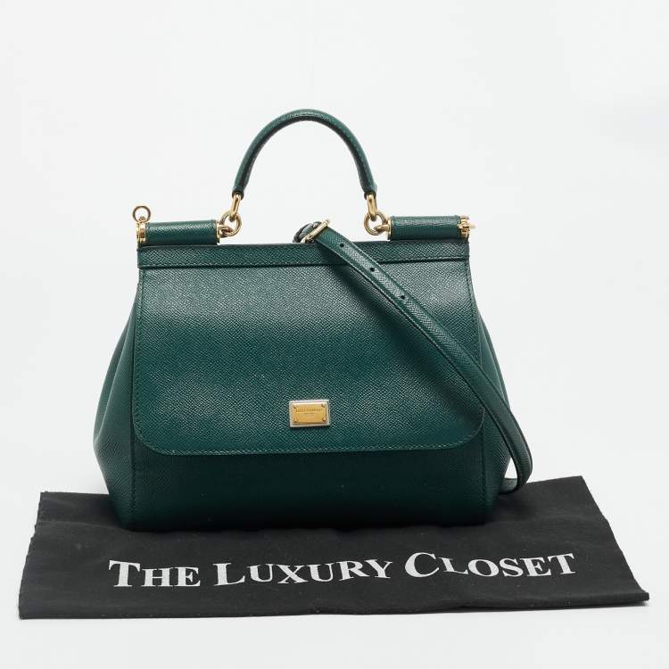 Pre Owned Dolce & Gabbana Miss Sicily Medium Green Leather Top Handle Bag