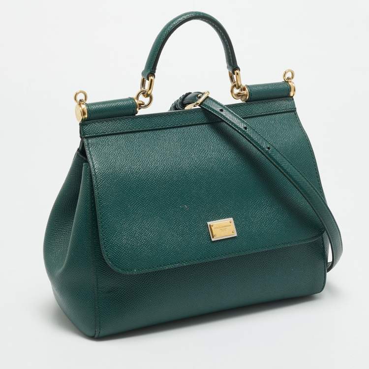 Pre Owned Dolce & Gabbana Miss Sicily Medium Green Leather Top Handle Bag