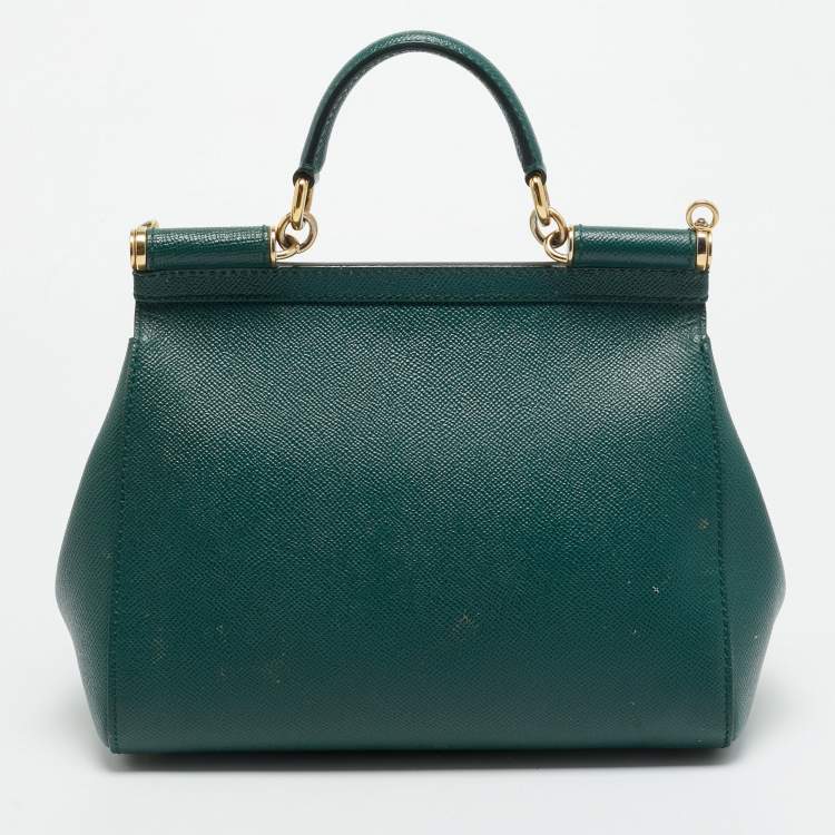Pre Owned Dolce & Gabbana Miss Sicily Medium Green Leather Top Handle Bag