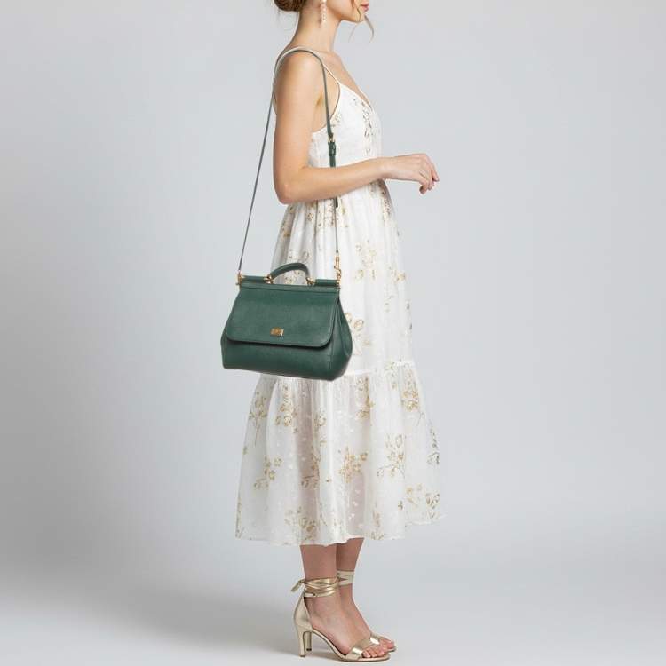 Pre Owned Dolce & Gabbana Miss Sicily Medium Green Leather Top Handle Bag