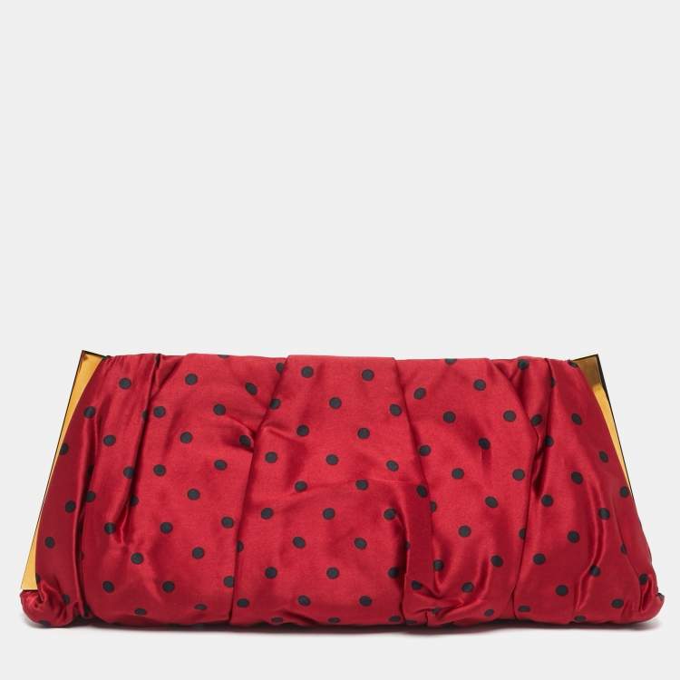 Pre Owned Dolce & Gabbana Red/Black Polka Dot Satin Frame Clutch