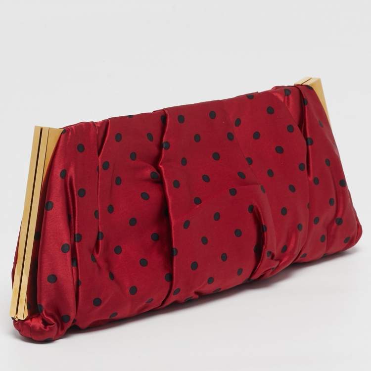 Pre Owned Dolce & Gabbana Red/Black Polka Dot Satin Frame Clutch