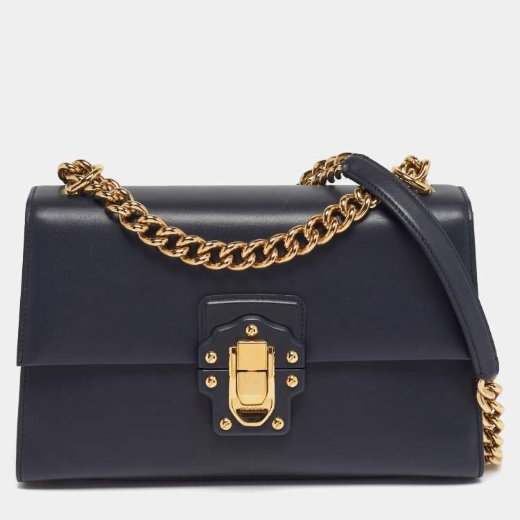 Pre Owned Dolce & Gabbana Lucia Large Navy Blue Leather Shoulder Bag