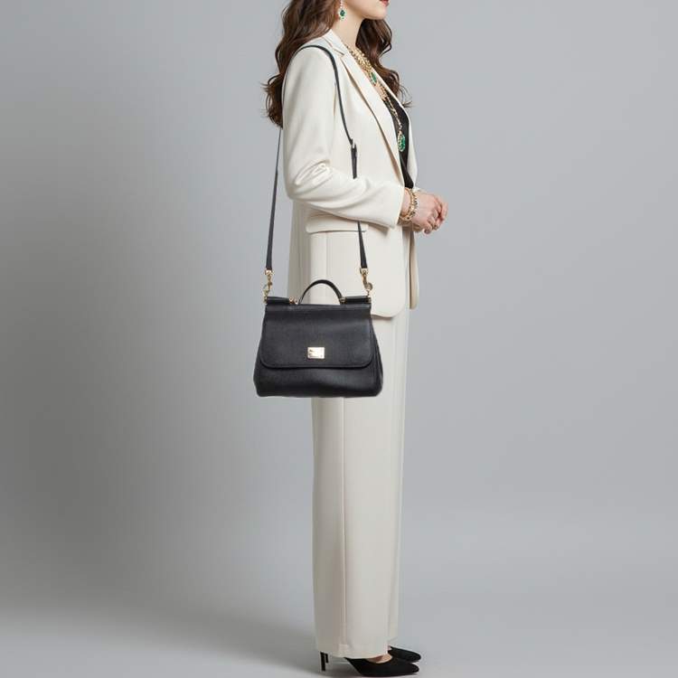 Pre Owned Dolce & Gabbana Miss Sicily Medium Black Leather Top Handle Bag