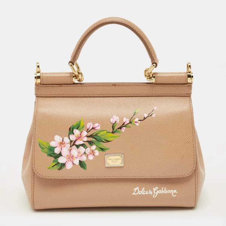 Pre Owned Dolce & Gabbana Floral Print Miss Sicily Beige Leather Top Handle Bag