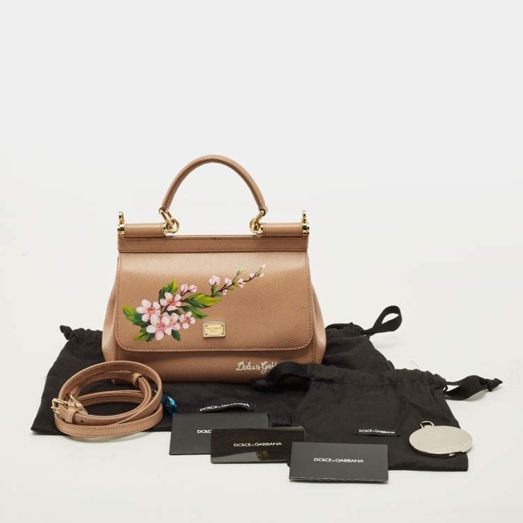 Pre Owned Dolce & Gabbana Floral Print Miss Sicily Beige Leather Top Handle Bag
