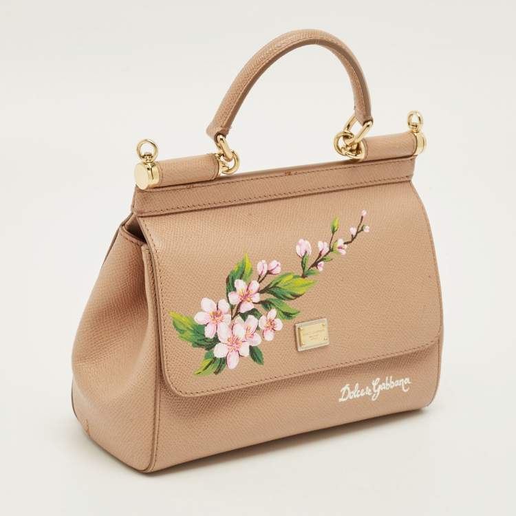 Pre Owned Dolce & Gabbana Floral Print Miss Sicily Beige Leather Top Handle Bag