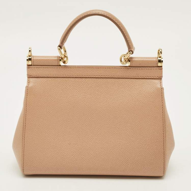Pre Owned Dolce & Gabbana Floral Print Miss Sicily Beige Leather Top Handle Bag