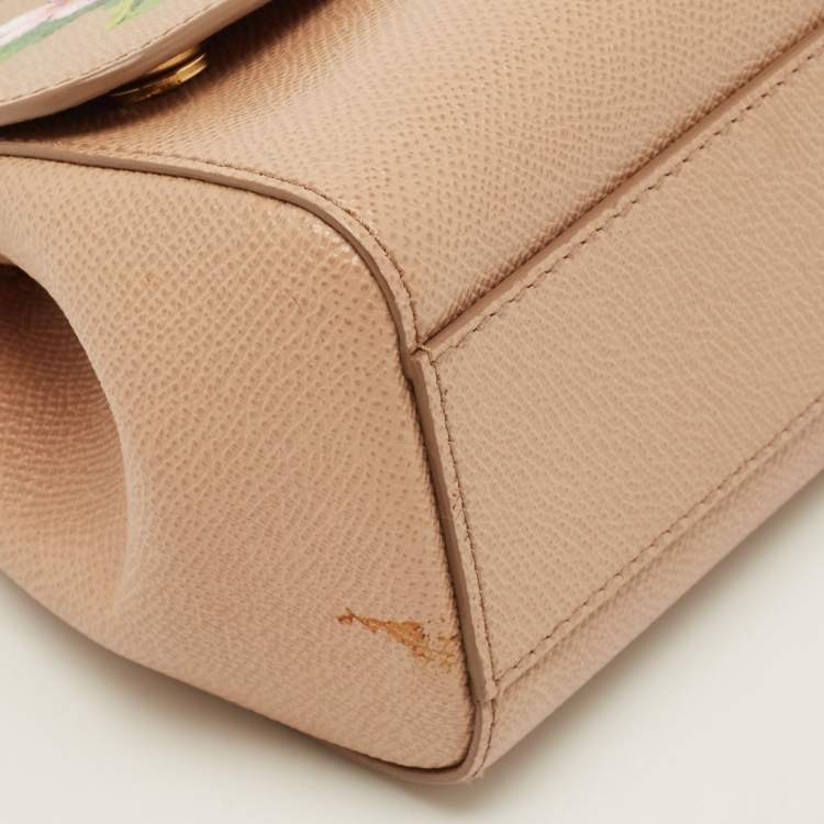 Pre Owned Dolce & Gabbana Floral Print Miss Sicily Beige Leather Top Handle Bag