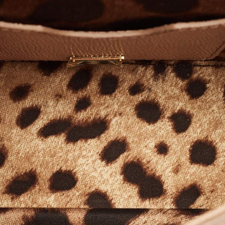 Pre Owned Dolce & Gabbana Floral Print Miss Sicily Beige Leather Top Handle Bag