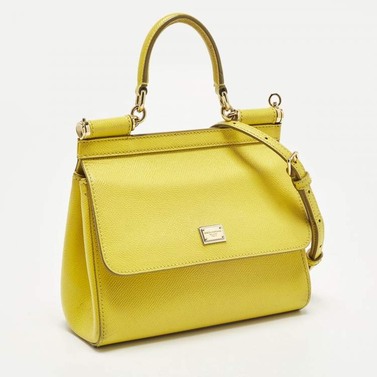 Pre Owned Dolce & Gabbana Miss Sicily Small Yellow Leather Top Handle Bag