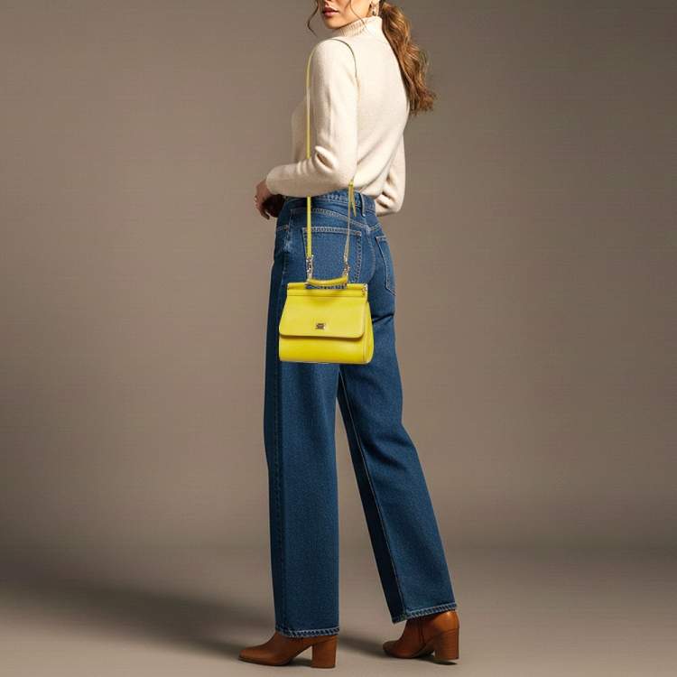 Pre Owned Dolce & Gabbana Miss Sicily Small Yellow Leather Top Handle Bag