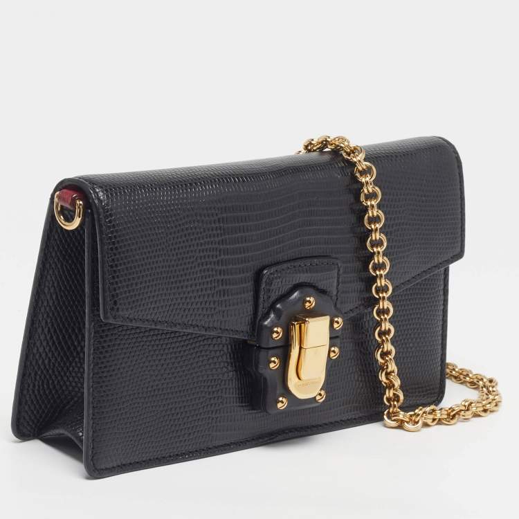 Pre Owned Dolce & Gabbana Lucia Black Lizard Embossed Leather Wallet On Chain