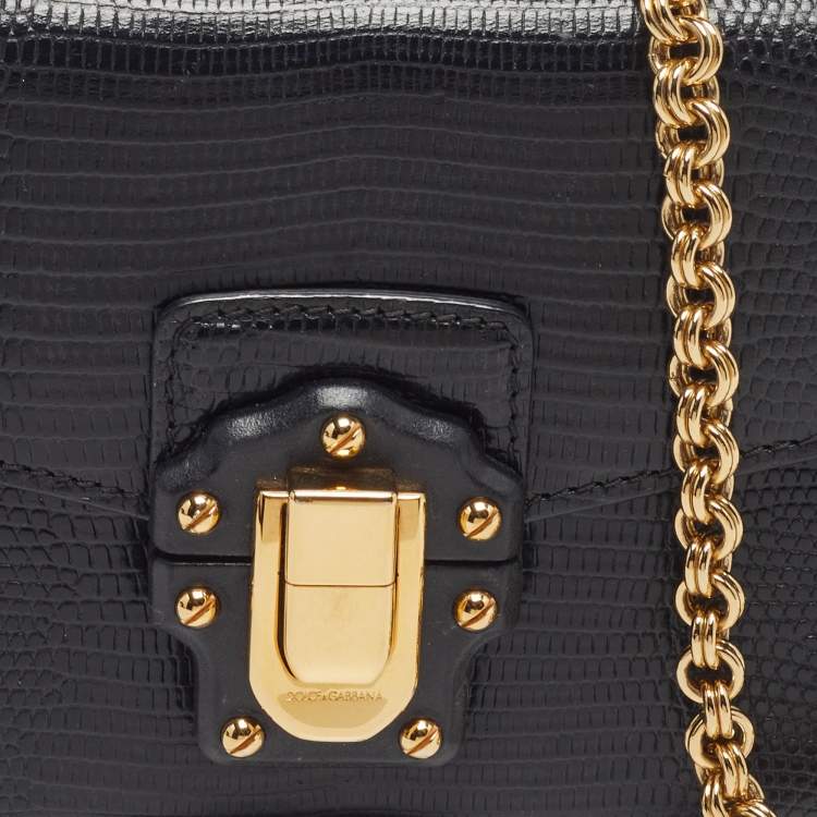 Pre Owned Dolce & Gabbana Lucia Black Lizard Embossed Leather Wallet On Chain