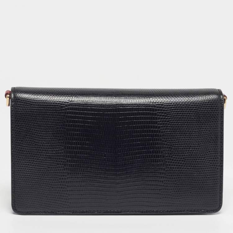 Pre Owned Dolce & Gabbana Lucia Black Lizard Embossed Leather Wallet On Chain