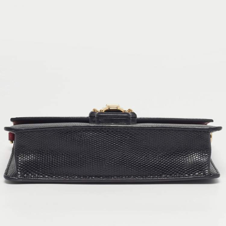 Pre Owned Dolce & Gabbana Lucia Black Lizard Embossed Leather Wallet On Chain