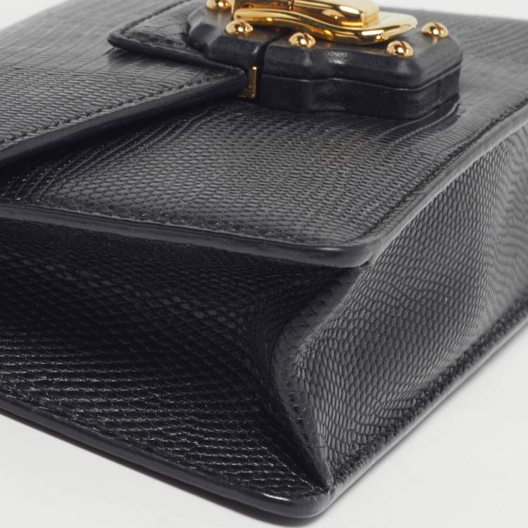 Pre Owned Dolce & Gabbana Lucia Black Lizard Embossed Leather Wallet On Chain