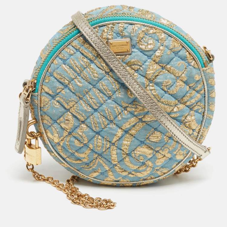 Pre Owned Dolce & Gabbana Miss Glam Round Blue/Gold Quilted Fabric Shoulder Bag
