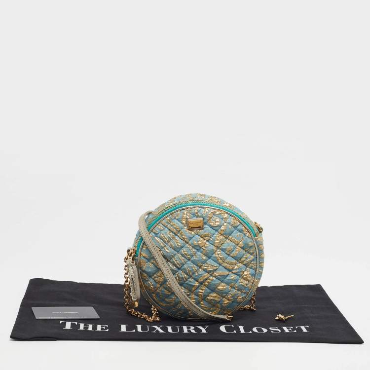 Pre Owned Dolce & Gabbana Miss Glam Round Blue/Gold Quilted Fabric Shoulder Bag
