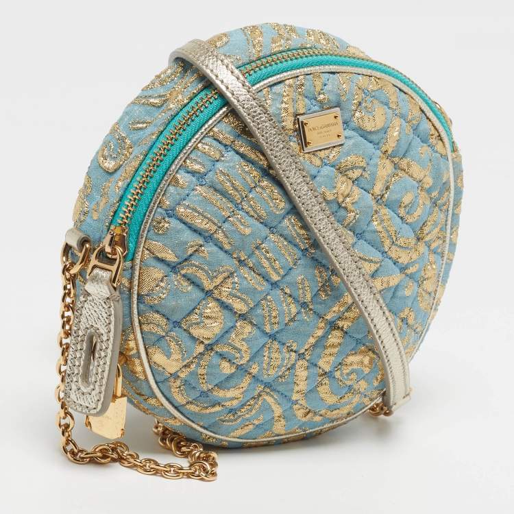 Pre Owned Dolce & Gabbana Miss Glam Round Blue/Gold Quilted Fabric Shoulder Bag
