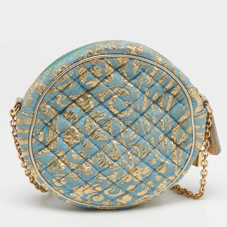 Pre Owned Dolce & Gabbana Miss Glam Round Blue/Gold Quilted Fabric Shoulder Bag