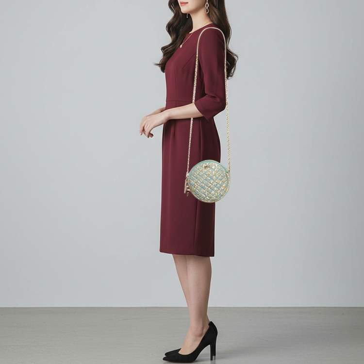 Pre Owned Dolce & Gabbana Miss Glam Round Blue/Gold Quilted Fabric Shoulder Bag