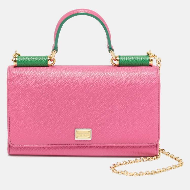 Pre Owned Dolce & Gabbana Miss Sicily Pink/Green Leather Wallet on Chain