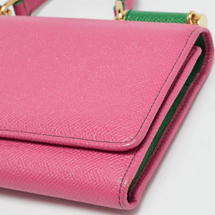 Pre Owned Dolce & Gabbana Miss Sicily Pink/Green Leather Wallet on Chain