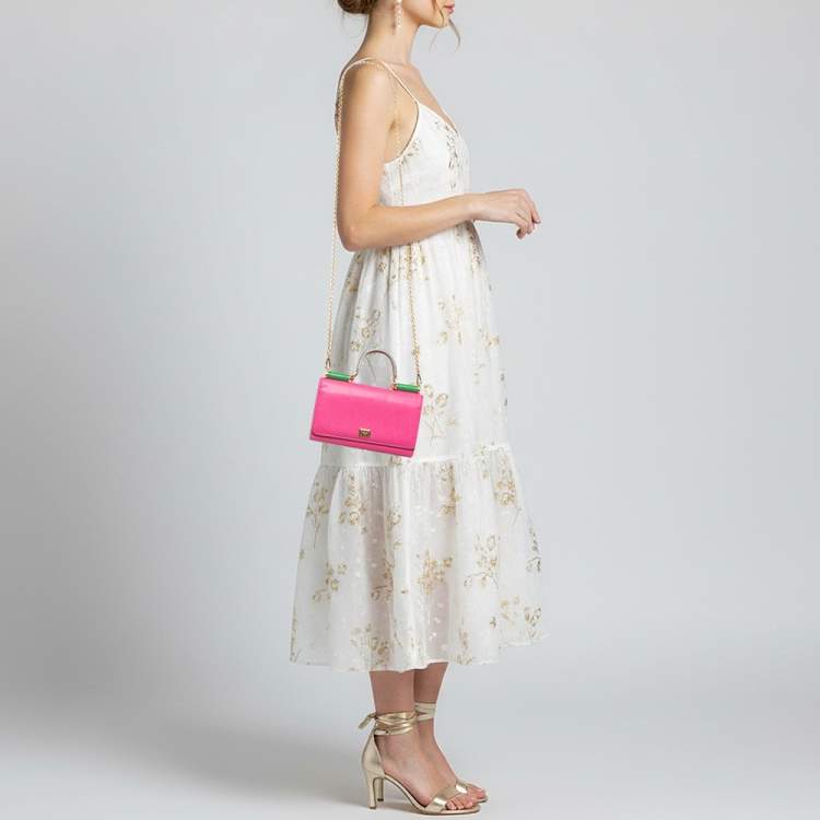 Pre Owned Dolce & Gabbana Miss Sicily Pink/Green Leather Wallet on Chain