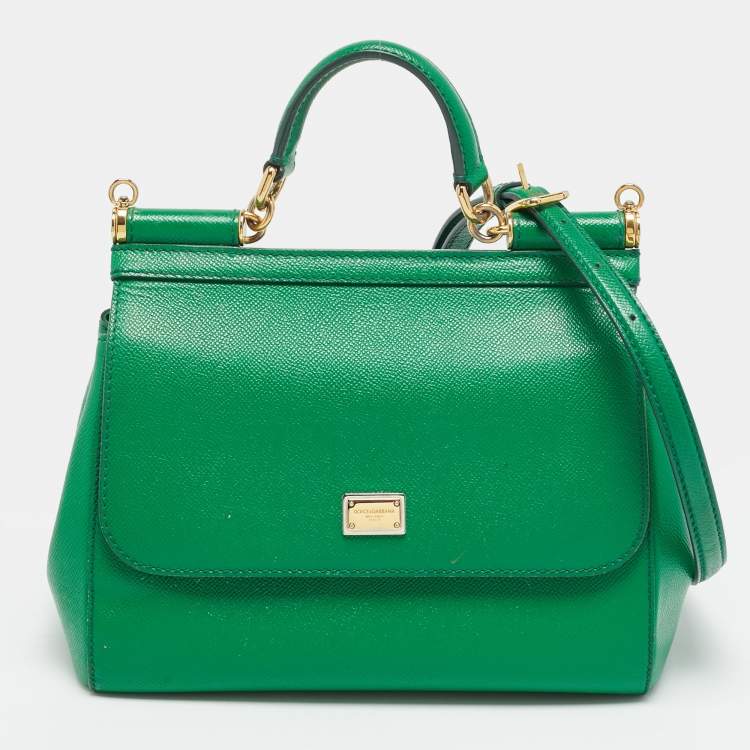 Pre Owned Dolce & Gabbana Miss Sicily Medium Green Leather Top Handle Bag