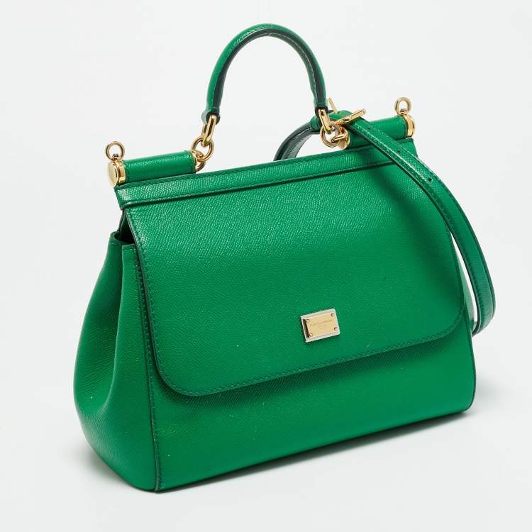 Pre Owned Dolce & Gabbana Miss Sicily Medium Green Leather Top Handle Bag