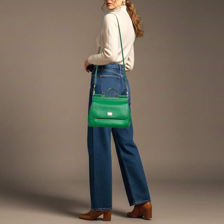 Pre Owned Dolce & Gabbana Miss Sicily Medium Green Leather Top Handle Bag