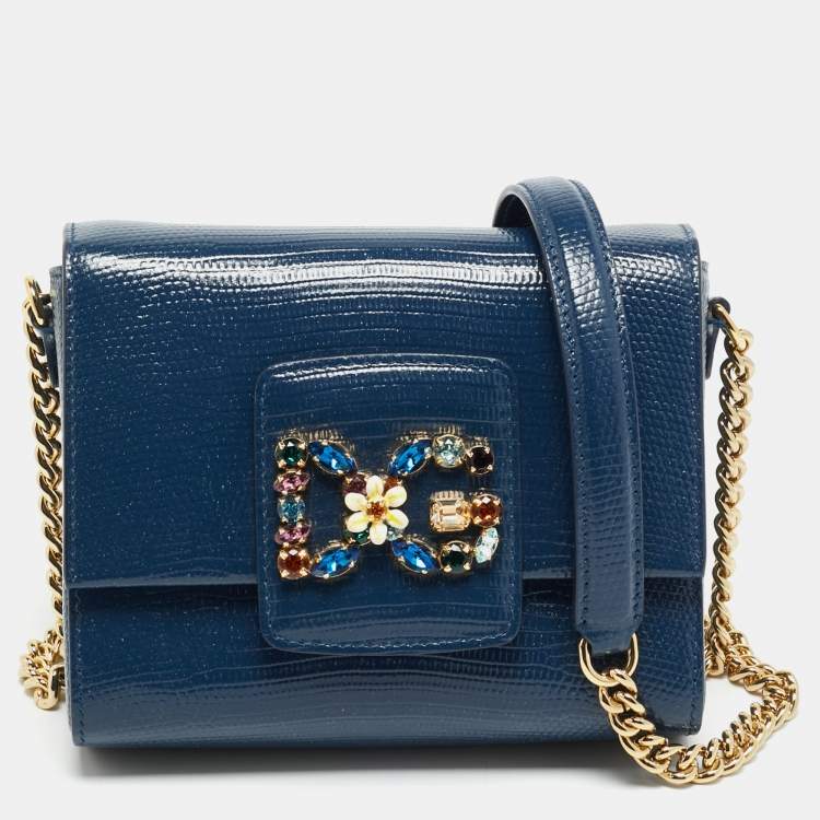 Pre Owned Dolce & Gabbana DG Millennials Navy Blue Lizard Embossed Leather Chain Crossbody Bag