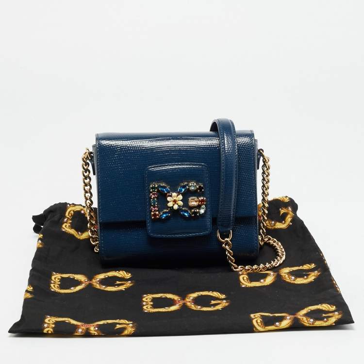 Pre Owned Dolce & Gabbana DG Millennials Navy Blue Lizard Embossed Leather Chain Crossbody Bag