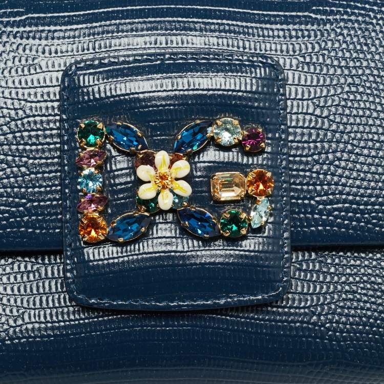 Pre Owned Dolce & Gabbana DG Millennials Navy Blue Lizard Embossed Leather Chain Crossbody Bag