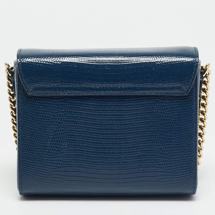 Pre Owned Dolce & Gabbana DG Millennials Navy Blue Lizard Embossed Leather Chain Crossbody Bag