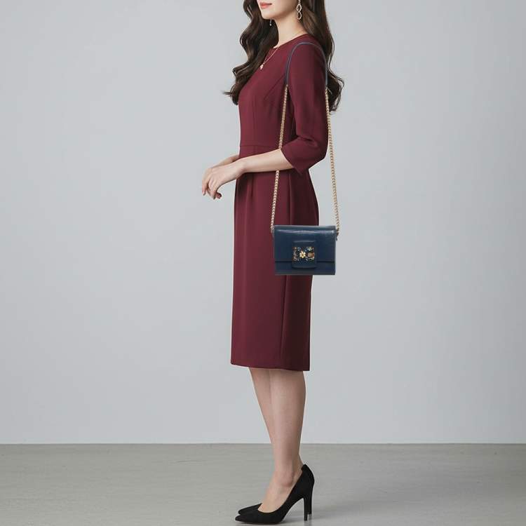 Pre Owned Dolce & Gabbana DG Millennials Navy Blue Lizard Embossed Leather Chain Crossbody Bag