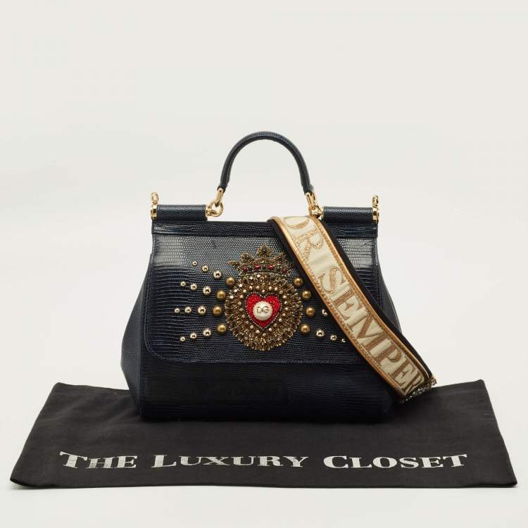Pre Owned Dolce & Gabbana Heart Embellished Miss Sicily Navy Blue Lizard Embossed Leather Top Handle Bag